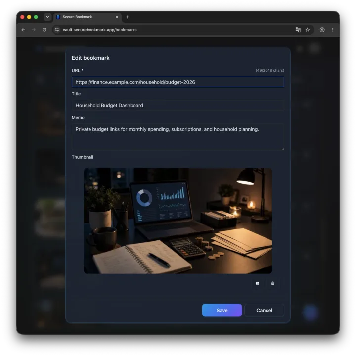 Secure BookmarkでURL、タイトル、メモ、サムネイルを登録する編集画面